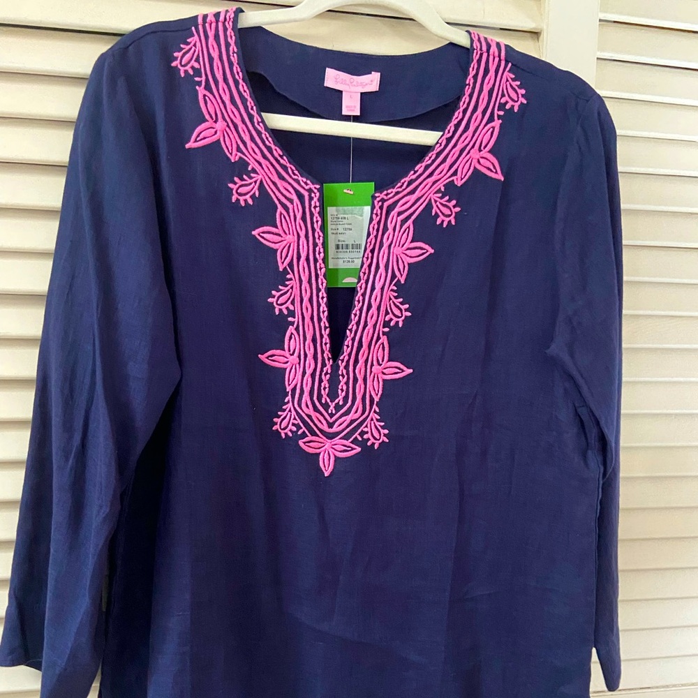 Lilly Pulitzer Amelia Island linen true navy tunic with pink embroidery